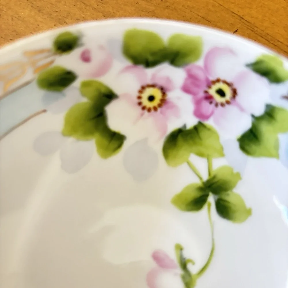 Antique Nippon Hand Painted Floral Footed Bowl w Ladle Berry Set 1900s Gold Trim